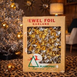 Jewel Foil Garland Gold Silver Christmas Tree Decor 30 Ft Mid Century Box VTG